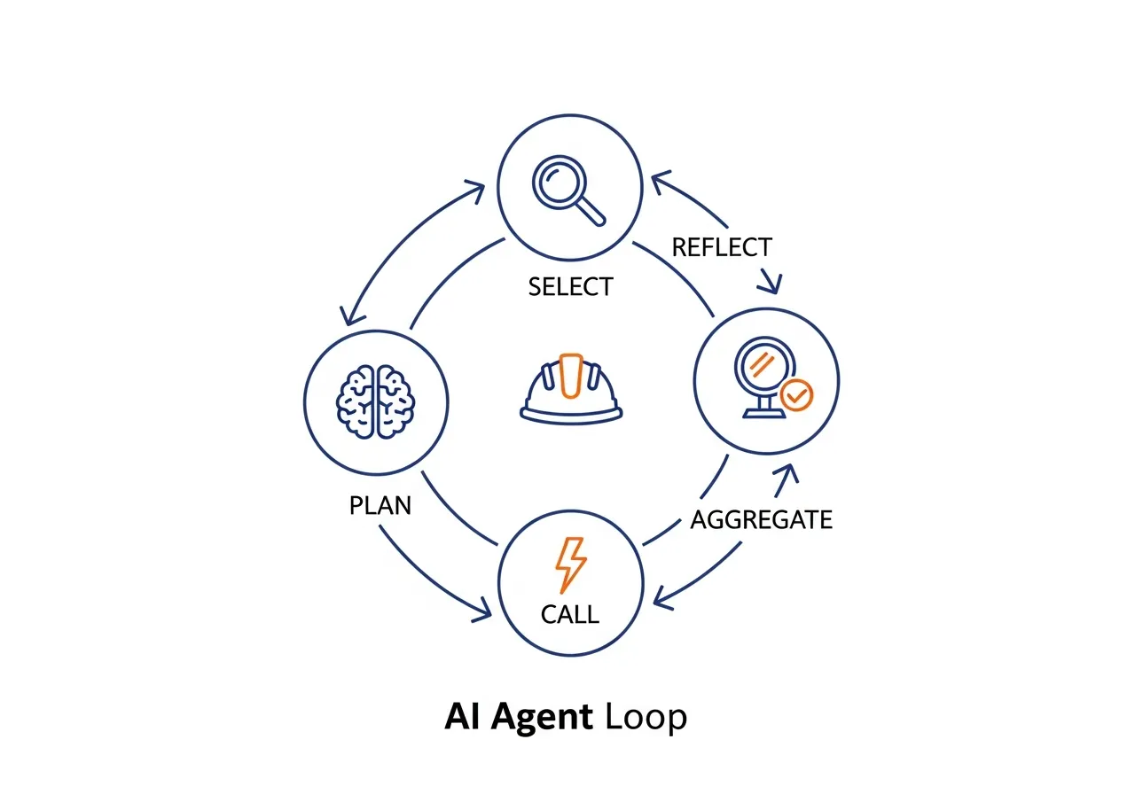 The AI agent loop: Plan, Select, Call, Aggregate, Reflect — with a construction hard hat at the center