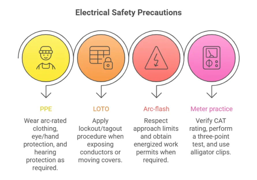 Electrical safety precautions for live voltage drop testing