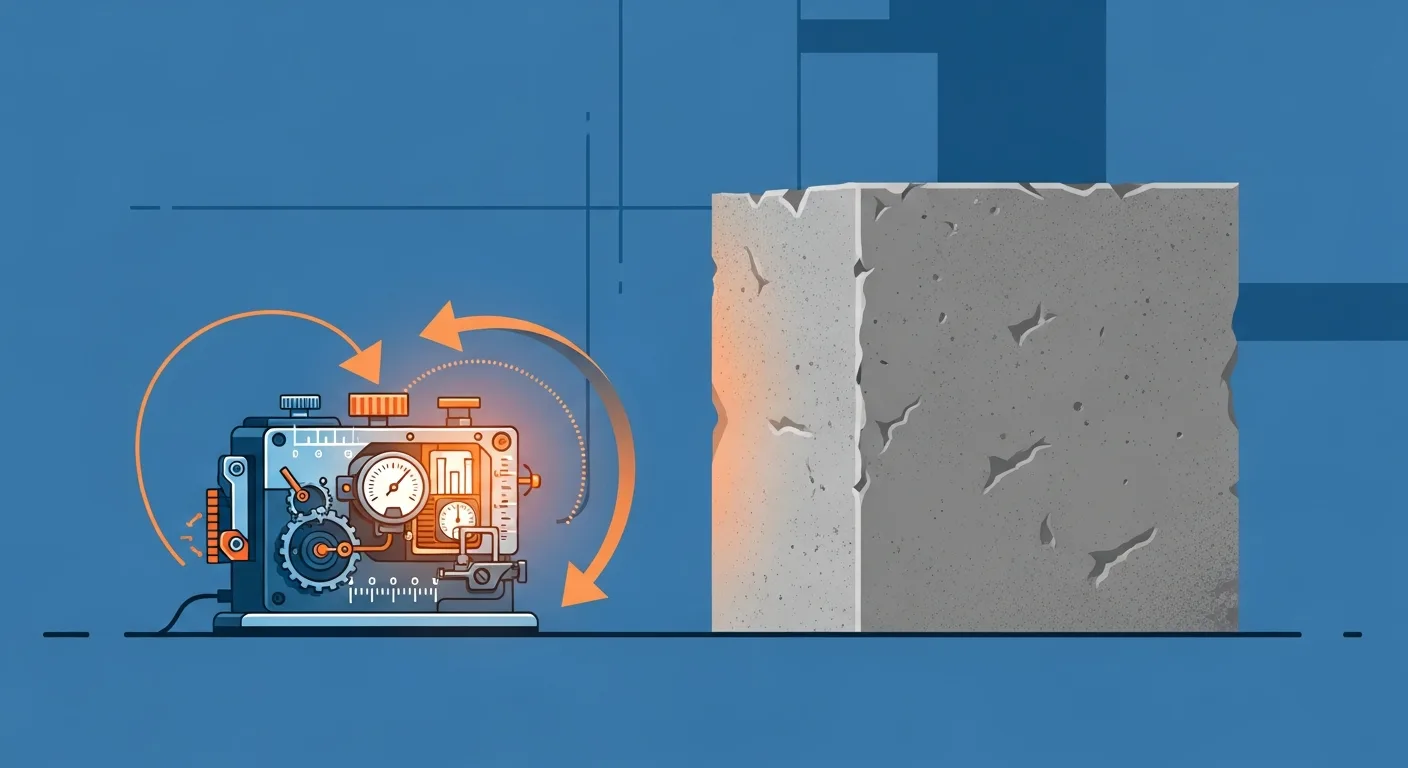 A small, finely-calibrated machine with feedback loops outperforming a much larger rough concrete block — precise feedback beating raw scale, the lesson behind RLHF