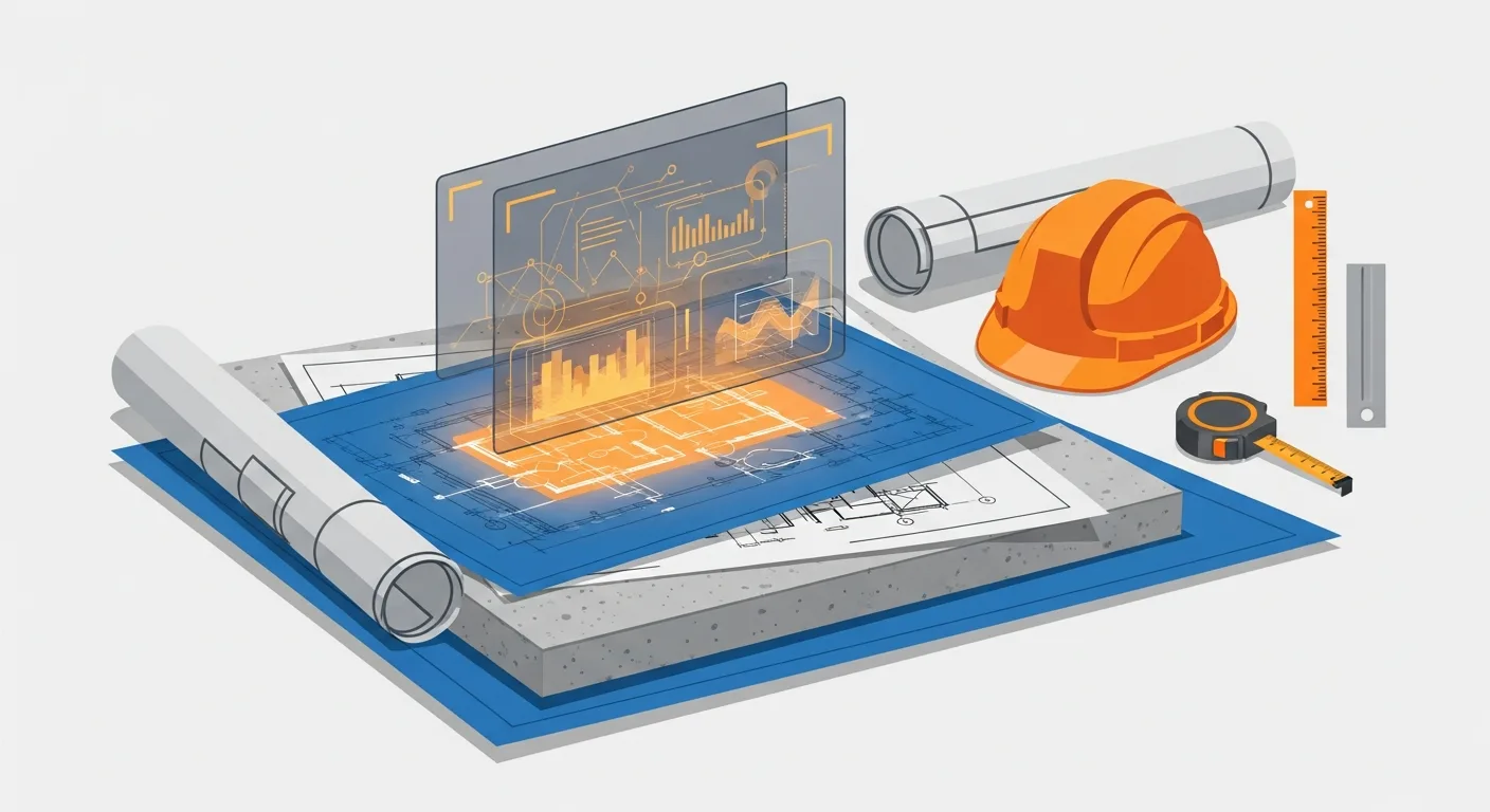 Construction blueprints with a glowing digital review layer hovering above them, beside a hard hat and measuring tools — a veteran contractor's judgment captured into software