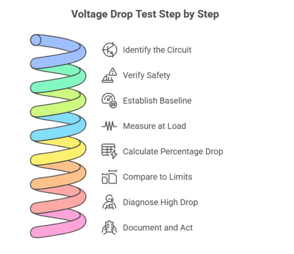 Voltage drop test workflow from identify circuit through documentation