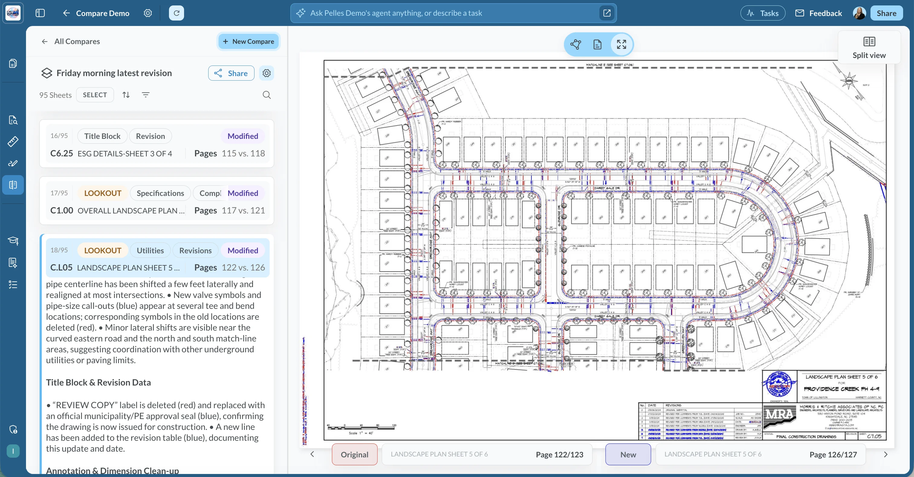Pelles Compare displaying side-by-side drawing revisions with every change highlighted and a summary of what shifted in scope between addendums.