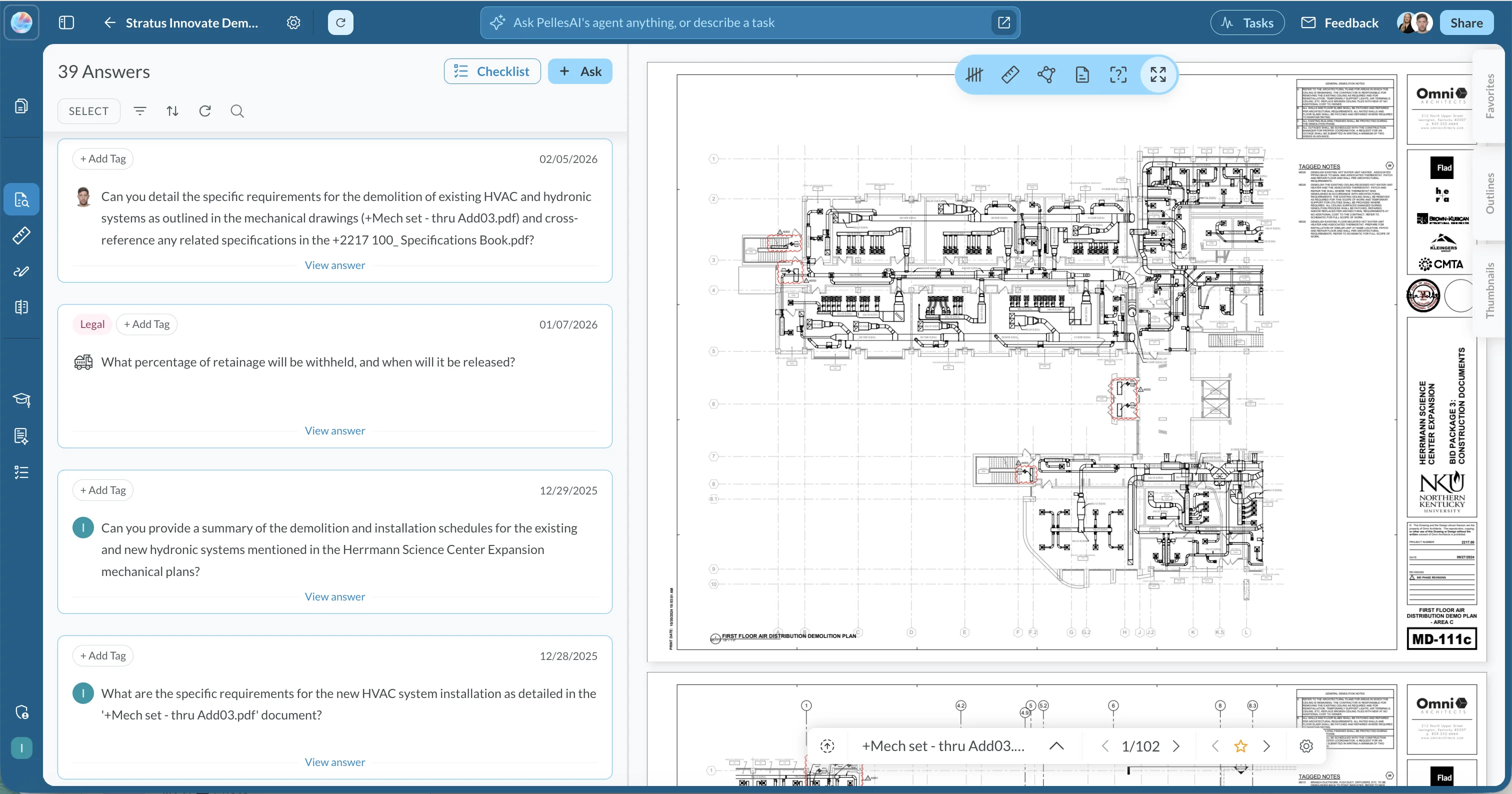 Pelles DoubleCheck UI showing instant Q&A across construction drawings, specs, and contracts, with answers cited back to source pages.